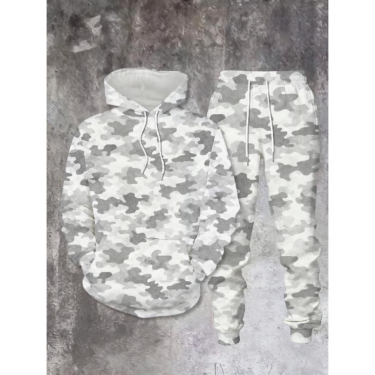 Fashion Casual Autumn Winter Men'S Set Camouflage 3D Print Long Sleeve Hooded Sweatshirt And Pants Two Piece Set Military Streetwear Style Suitable