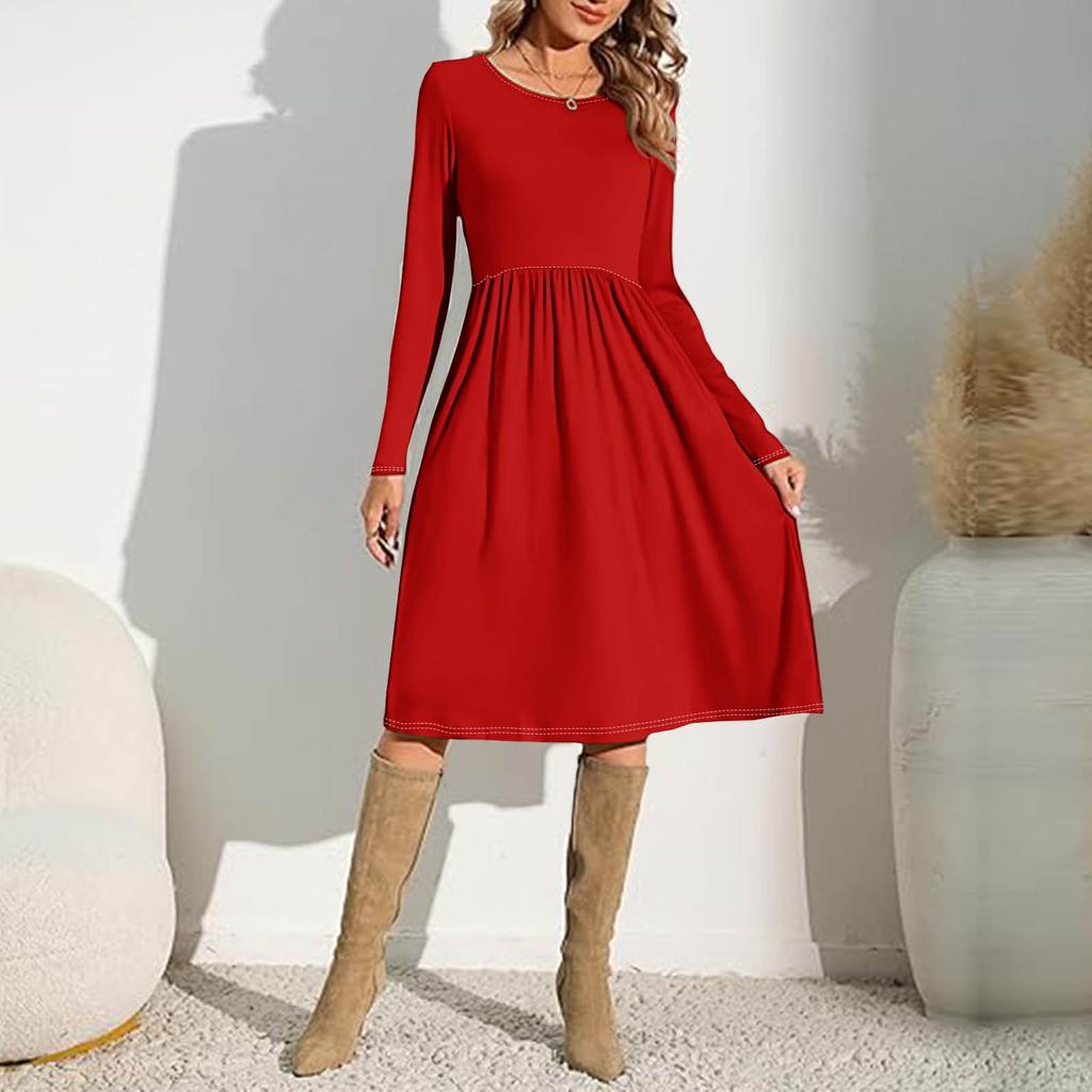 Женские однотонные повседневные платья с карманами на весну с круглым вырезом и длинными рукавами