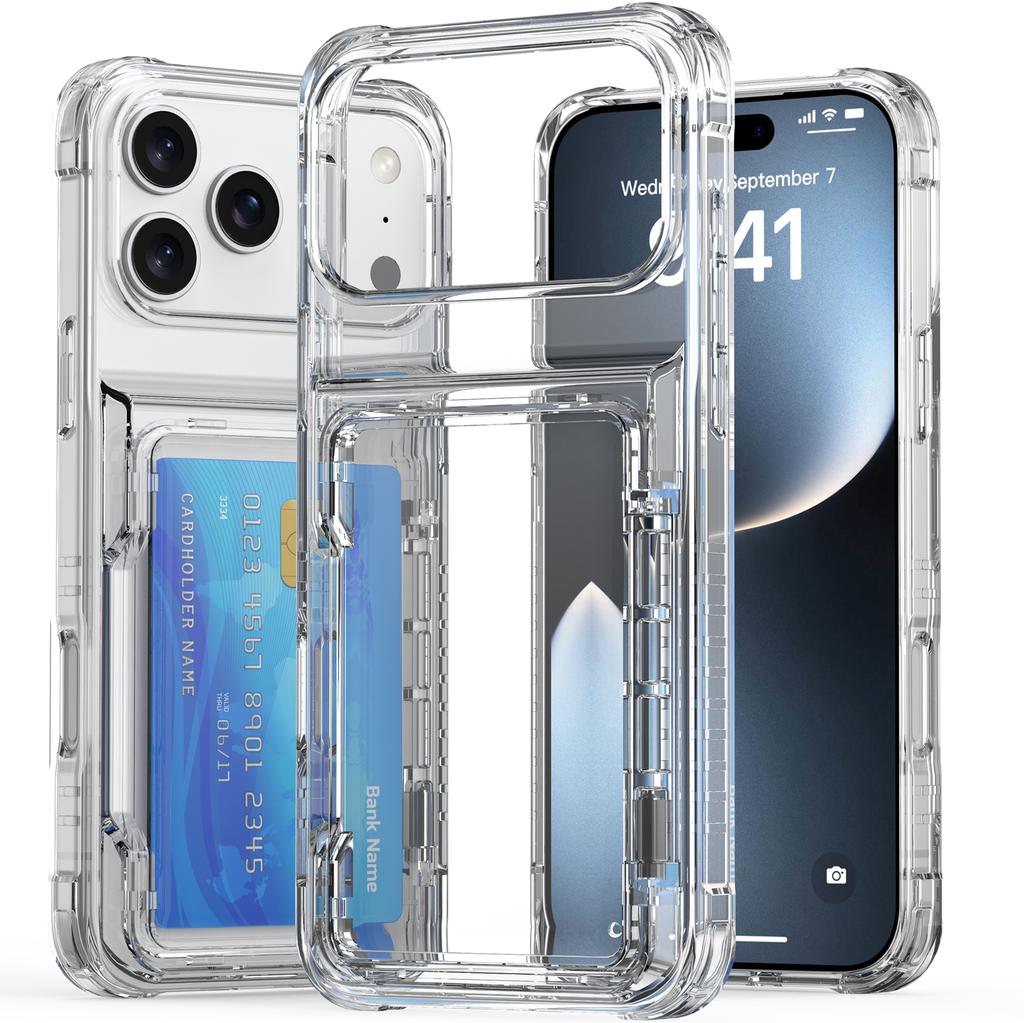 For iPhone 17 Pro Clear Case PC + TPU Phone Cover Card Holder Kickstand