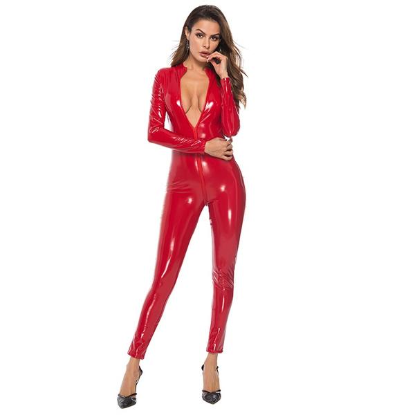 Women's Fashion Long Sleeve Paint Leather Catsuit PVC Latex Bodysuit Front Zipper Open Crotch Stretch Club Jumpsuit