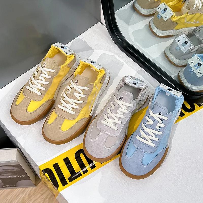 Корейские женские кроссовки на шнуровке с круглым носком из замши и кожи в стиле пэчворк, женские повседневные кроссовки, дизайнерская брендовая обувь для женщин