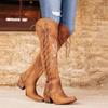 2025 Women's Retro Embroidery Western Cowboy Long Boots Fashion Lace-up Chunky Heels Zip Pointed Toe Knee Riding Boots 35-43Size