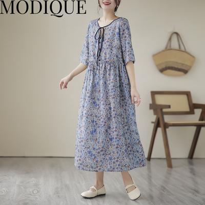 MODIQUE, летняя новая классическая рубашка больших размеров, женская свободная винтажная хлопково-льняная базовая одежда с бантом и цветочным принтом, повседневные женские платья трапециевидной формы