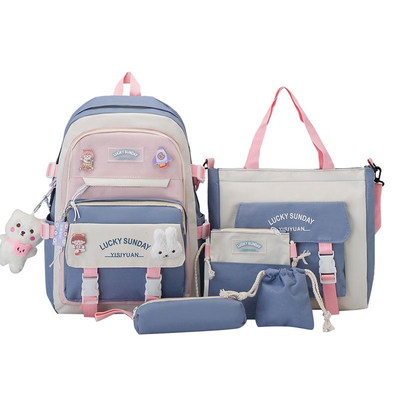 Middle School Boys and Girls School Bags Fashion Canvas Color Blocked Primary Student Backpack 5 Pcs Set Satchel with Tutoring Bag