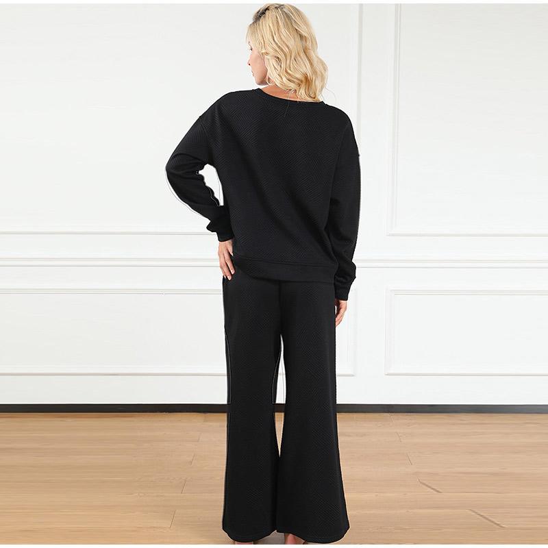 Autumn Women's Pure Color Wide Leg Pants Set Long Sleeved Round Neck Pullover Drawstring Pants Female Suit