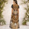 Women Plus Size V Neck Short Sleeve Brown Tribal Printed Straight Maxi Dress