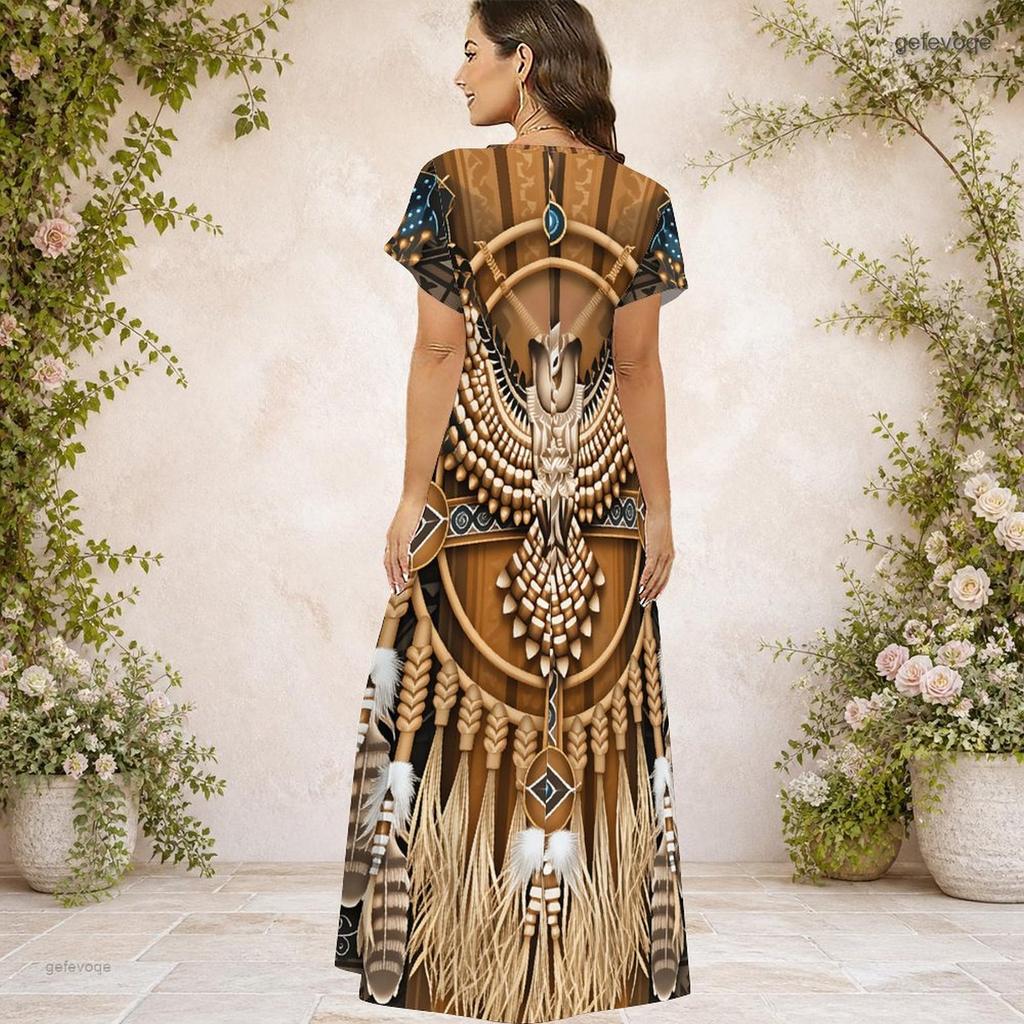 Women Plus Size V Neck Short Sleeve Brown Tribal Printed Straight Maxi Dress