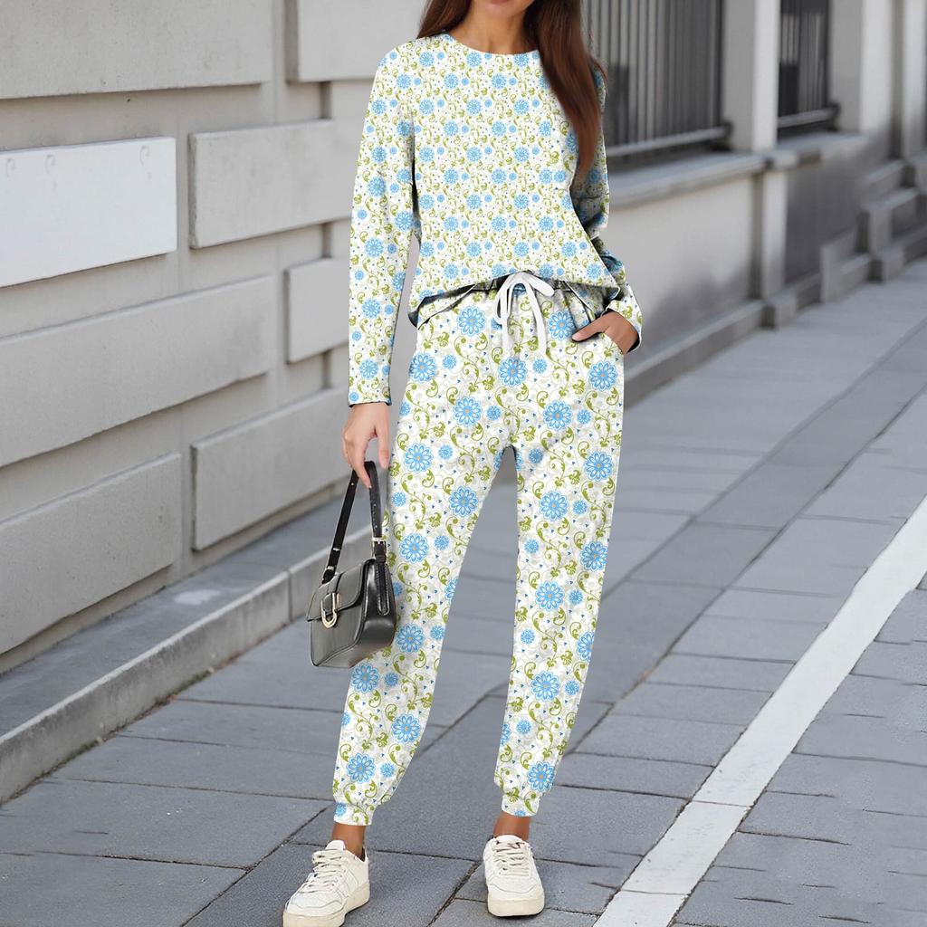 Комплекты для женщин из 2 предметов: футболки с круглым вырезом и длинным рукавом, принтованные спортивные брюки с карманами