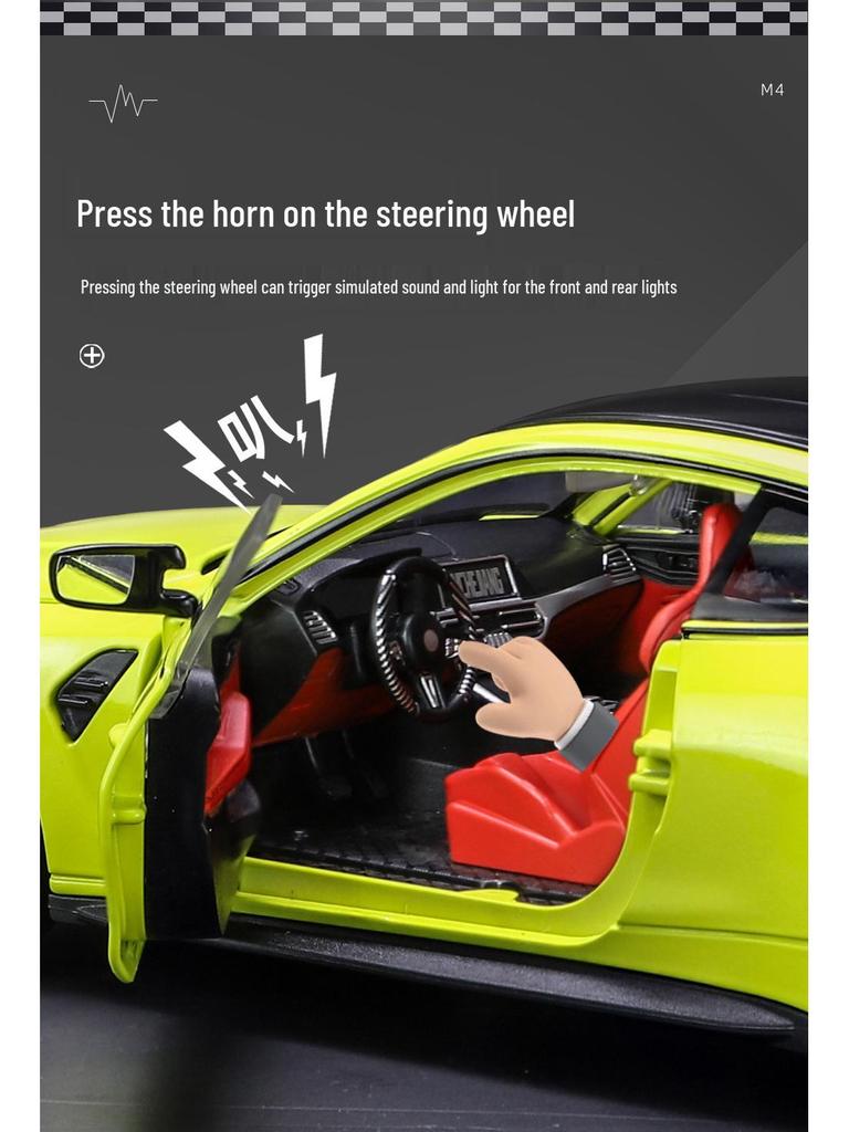 1:24 BMW M4 Diecast Car Model with Shock Absorption, Pull-Back, Steering, Sound, and Light Features.
