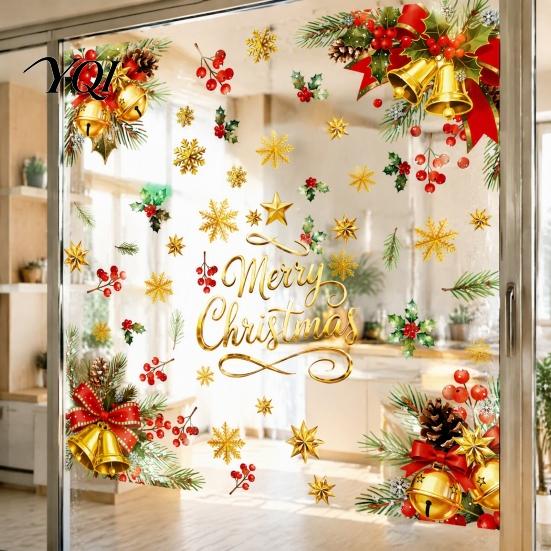 Kitchen Window Decorations 4PCS Christmas Static Stickers with Gold Bell Print, Reusable Waterproof PVC Classroom Decorative Accents Decals,