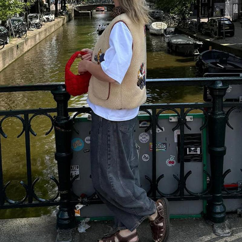 Женский повседневный жилет из овечьей шерсти с принтом, V-образным вырезом, без рукавов, с роговыми пуговицами, карманами, майками, осенний винтажный уличный жилет