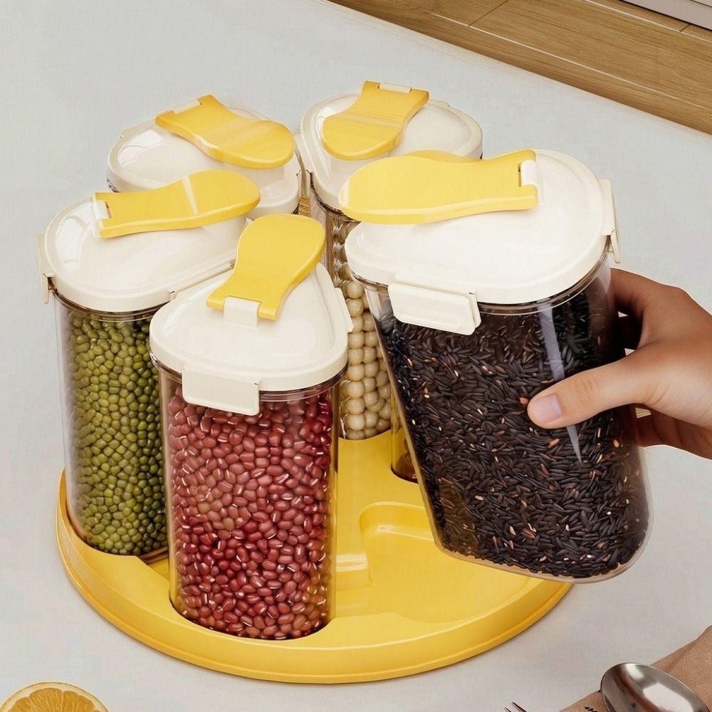 Sealed 6 Grids Grain Storage Box Food Grade Rotating Rice Container Grain Dispenser Kitchen Use