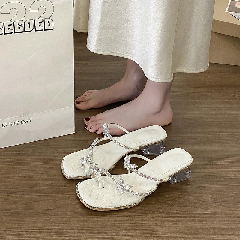 Casual Wind and Water Diamond Butterfly Sandals Women's Summer New Fashionable Versatile Transparent Thick Heel Cool Slippers