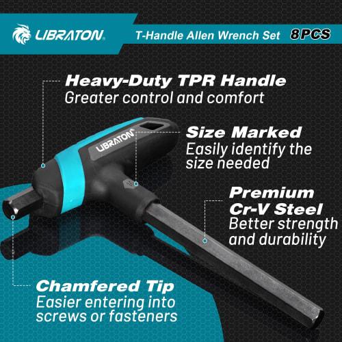 LIBRATON Hex Wrench Set, T-Handle Hex Wrenches, Metric Sizes 2, 2.5, 3.0, 4.0, 5.0, 6.0, 8.0, and 10mm, 8-Piece Set, Hex Key Wrenches, Bicycle Repair
