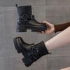 Heel 7cm  Genuine Leather Platform Wedge Ankle Knee High Booties Motorcycle Boots Women Flats ZIP Ankle Booties Punk Fashion