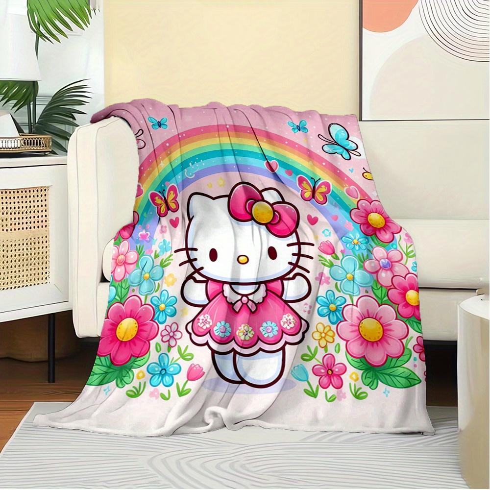 For Hello Kitty, Rainbow, FlowersAnime-Themed Flannel Blanket, Glam Style, Digital Print, All-Season Comfort, Tear-Resistant, Knitted Crafts
