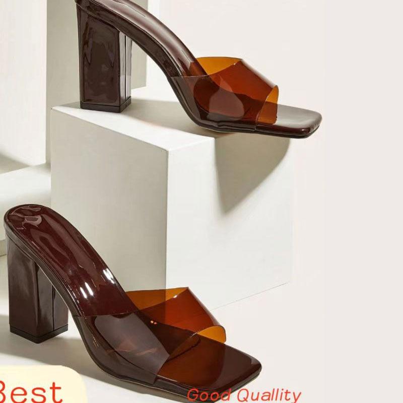 Fashion 2025Onlymaker Women Square Toe PVC Slip on Clear High Heels Transparent Summer Concise Casual Party Dress Sandal