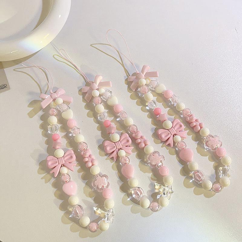Pink Bow Beads Lanyard Anti-Lost Bracelet For Mobile Phone Case Wrist Strap Lanyard Cute Phone Keychain Portable Rope Chain