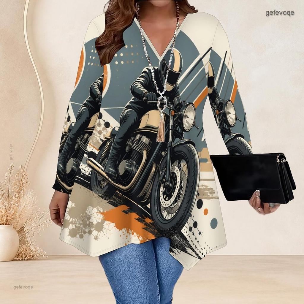 Plus Size Women V Neck Long Sleeve Loose Top With Irregular Split Hem For Casual Occasions