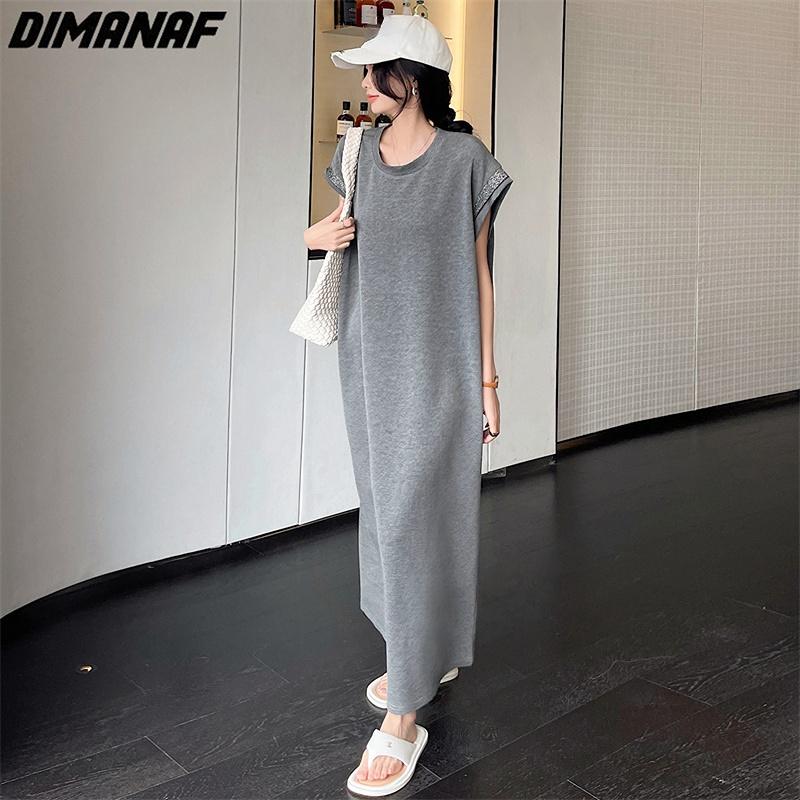 Dimanaf Женское платье больших размеров 2023, новое летнее однотонное платье, длинное платье-футболка, свободные модные базовые платья макси большого размера