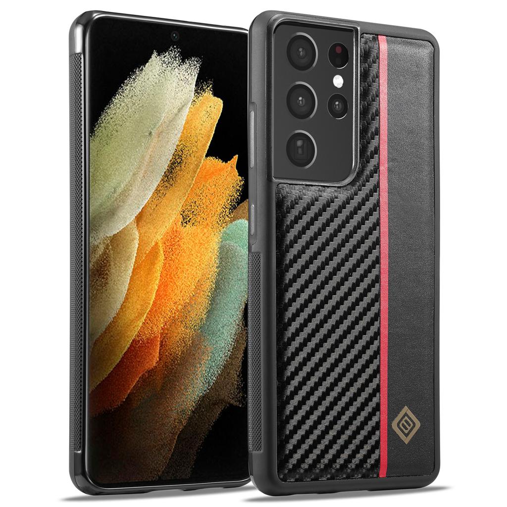 LC.IMEEKE For Samsung Galaxy S21 Ultra 5G Shock-Absorbing Phone Case PU Leather+TPU+EVA Carbon Fiber Texture Cover