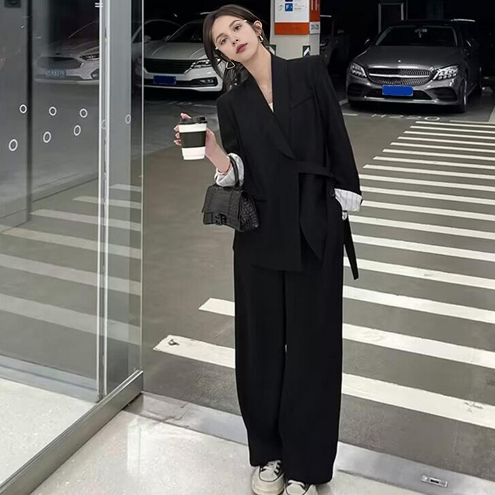 2 Pcs/Set Lady Formal Coat Pants Set Long Sleeves Button Strap Closure V Neck Cardigan Mid Length Jacket Straight High Waist Tro