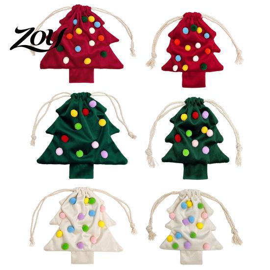 Cute Fur Ball Bell Ornaments Christmas Tree Drawstring Gift Bag, Plush Pom Hanging Reusable Xmas Decorations Ornament, Candy Pouch Decor for