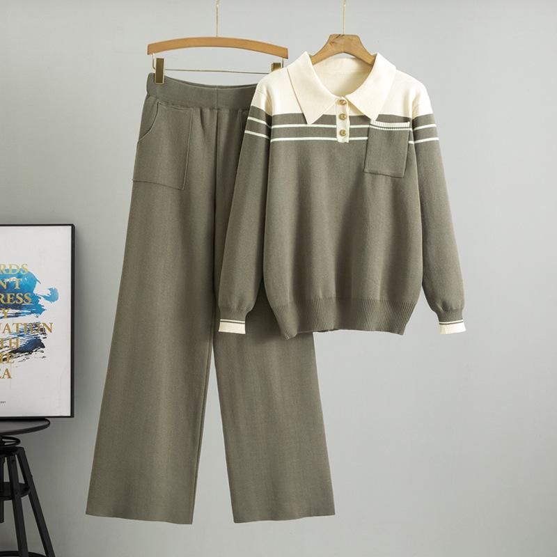 Женский свитер в полоску большого размера, весенний, новый, свободный, модный, повседневный, трикотажные брюки с широкими штанинами, комплект из двух предметов