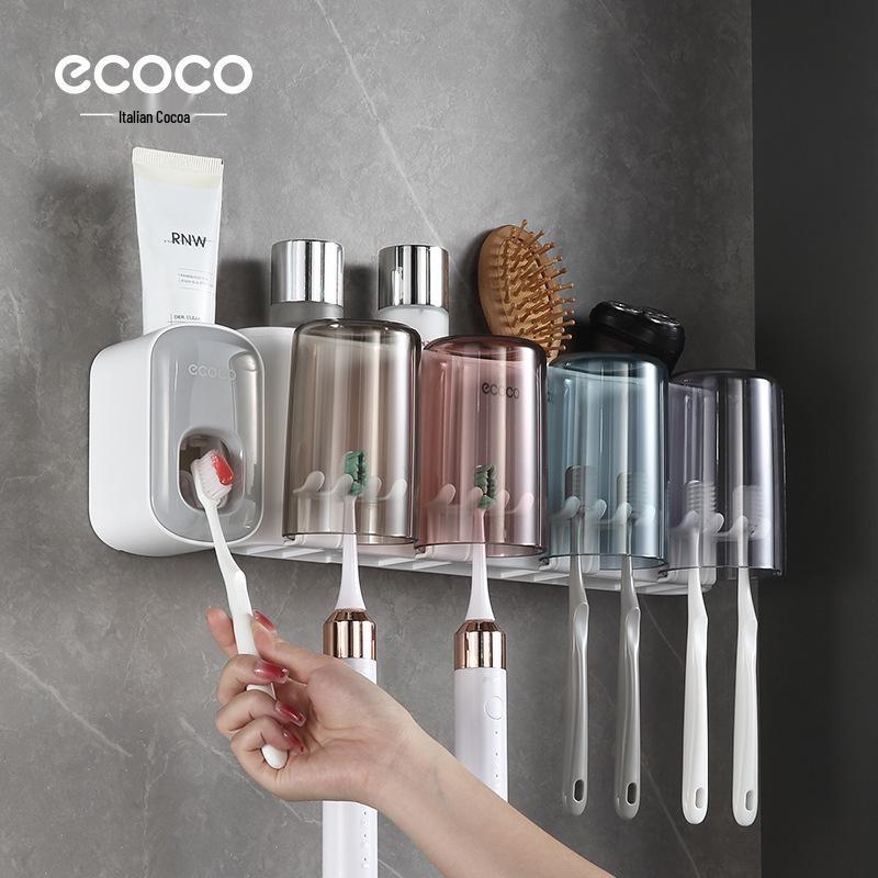 Ecoco Wall-Mounted Toothbrush Holder & Automatic Toothpaste Dispenser with Mouthwash Cup