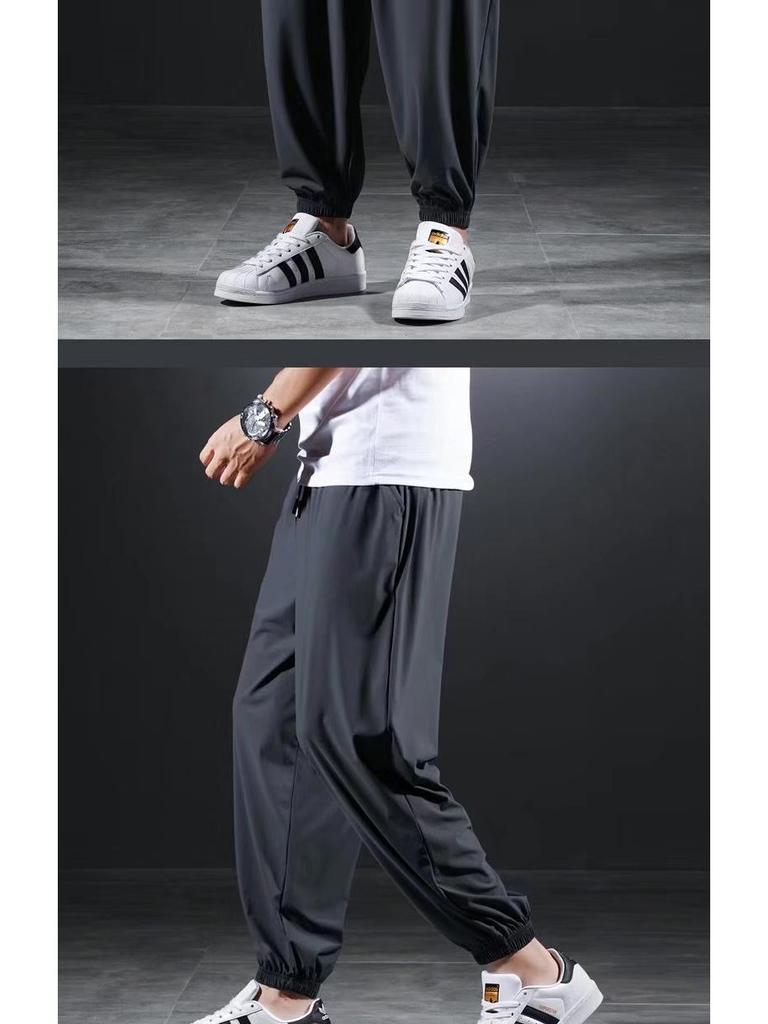 Мужские повседневные брюки большого размера из быстросохнущего шелка Ice Silk — летние легкие, свободные, с девятью точками посадки, высокоэластичные спортивные брюки.