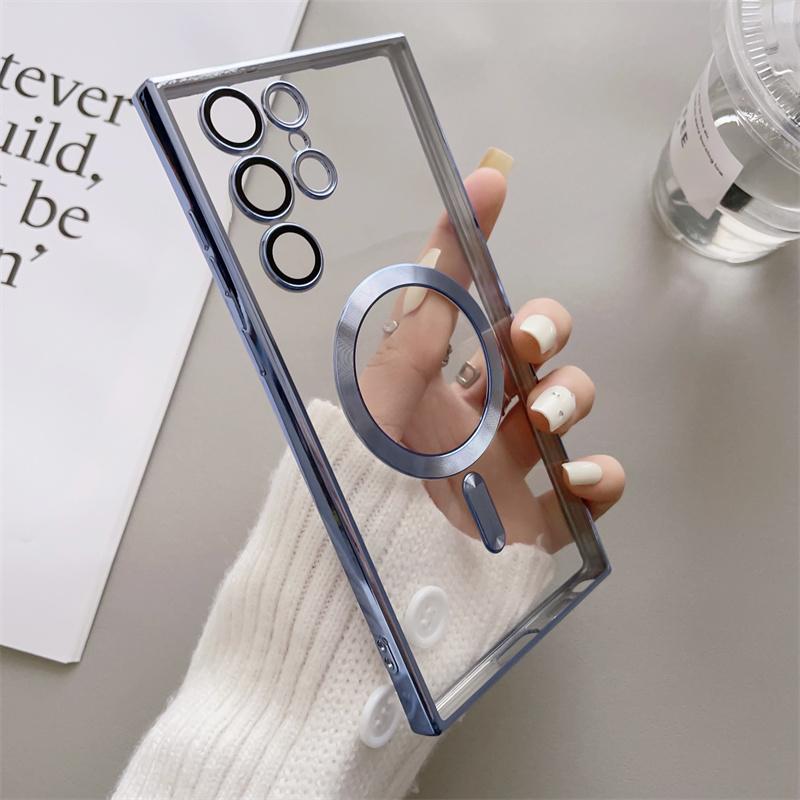 Luxury Transparent Plating For Magsafe Case For Huawei Mate 40 Samsung Galaxy S22 S23 S21 Ultra Plus Wireless Charge Silicone Clear Cover Cases