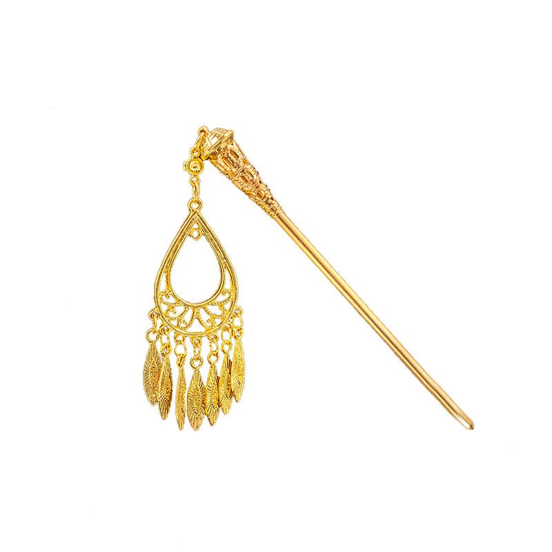 Hollow Geometric Tassel Hairpin for Women - Ethnic Style with Water Drop Leaf Round Design, Hanfu Accessory