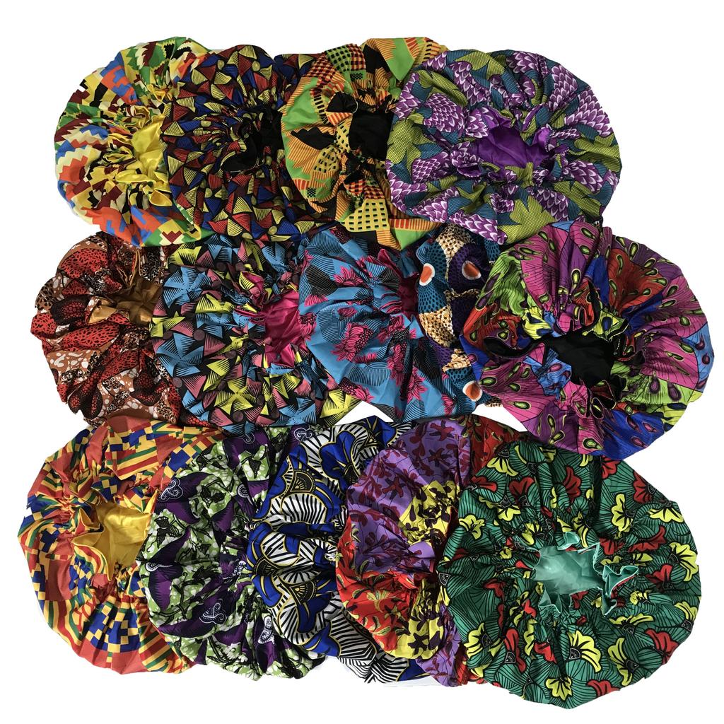 African Pattern Print Ankara Bonnet Double Layer Satin Large Turban for Women Sleep Night Hat Silk Hair Ladies Night Parties