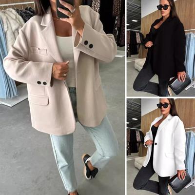 Женская куртка осень-зима, теплая, с толстым воротником-лацканом, свободная, повседневная, шерстяная, однобортная, свободного покроя, с длинными рукавами