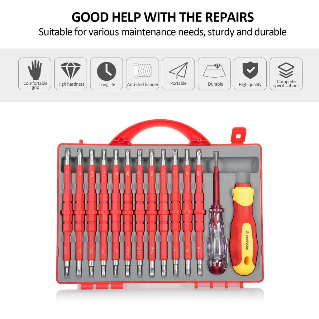 PENGGONG 9714B 500V Insulated Screwdriver Set 12Pcs Double-Ended Insulated Screwdriver Tool with