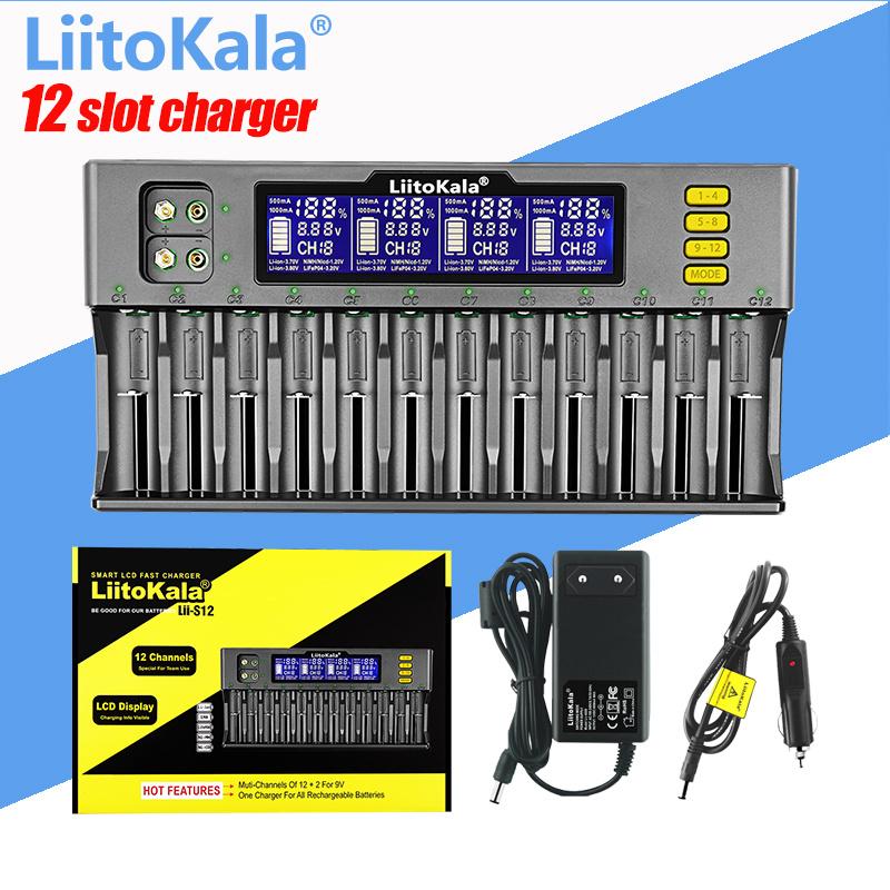 LiitoKala Lii-S12 12-слотное ЖК-зарядное устройство для аккумуляторов Li-ion LiFePO4 Ni-MH Ni-Cd 9V 21700 20700 26650 18650 16340 18350 RCR123 18700