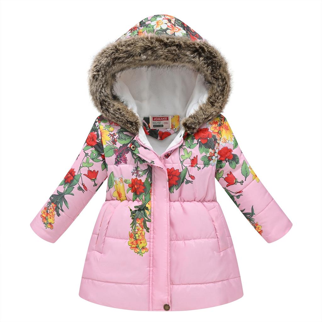 Children Cotton Coats Girls Winter Jacket Thickened Hooded Overcoat Warm Fashion Casual Printed Kids Cotton-padded Clothes