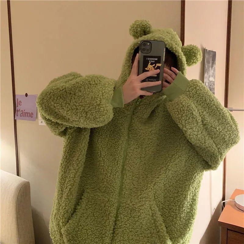 Harajuku Kawaii Zipper Hoodie Women Sweatshirt Japanese Frog Thick Oversized Lambs Wool Coats Trend Warm Winter Clothes