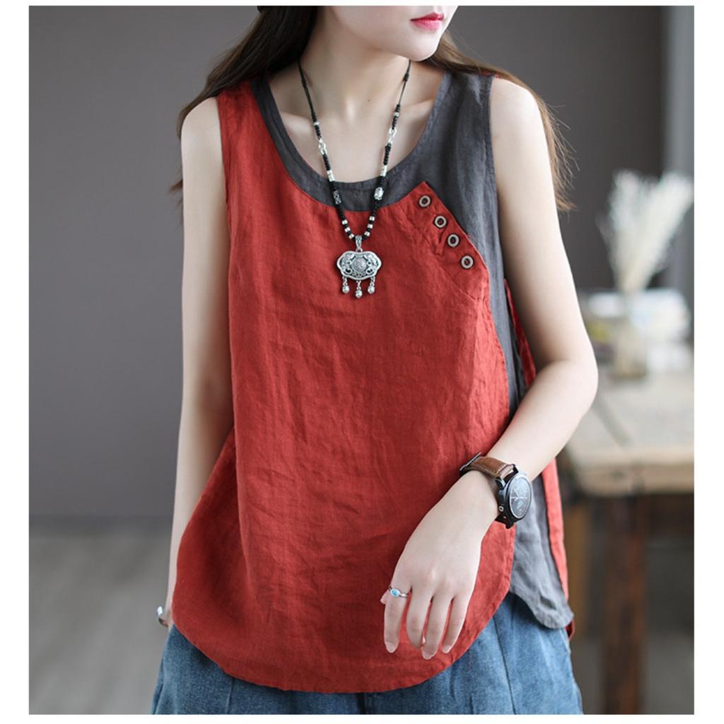 Женский свободный майка-жилет без рукавов с круглым вырезом из льна и хлопка, ретро, повседневный
