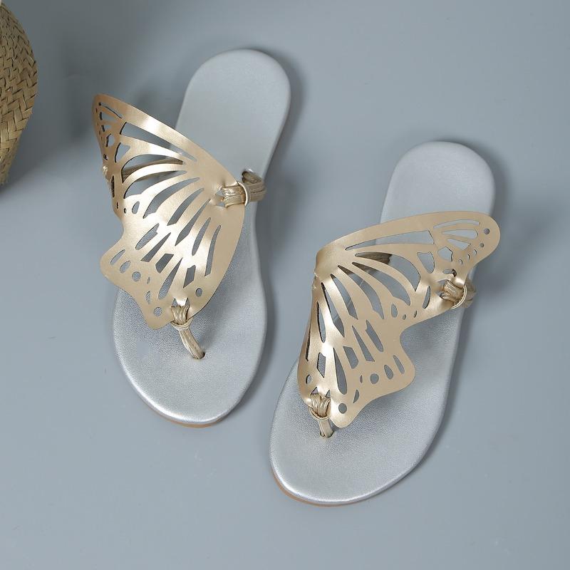 Модные сандалии на плоской подошве для женщин, летние повседневные глянцевые бабочки, мягкая кожа, верхняя пляжная одежда, большой размер, пляжные шлепанцы