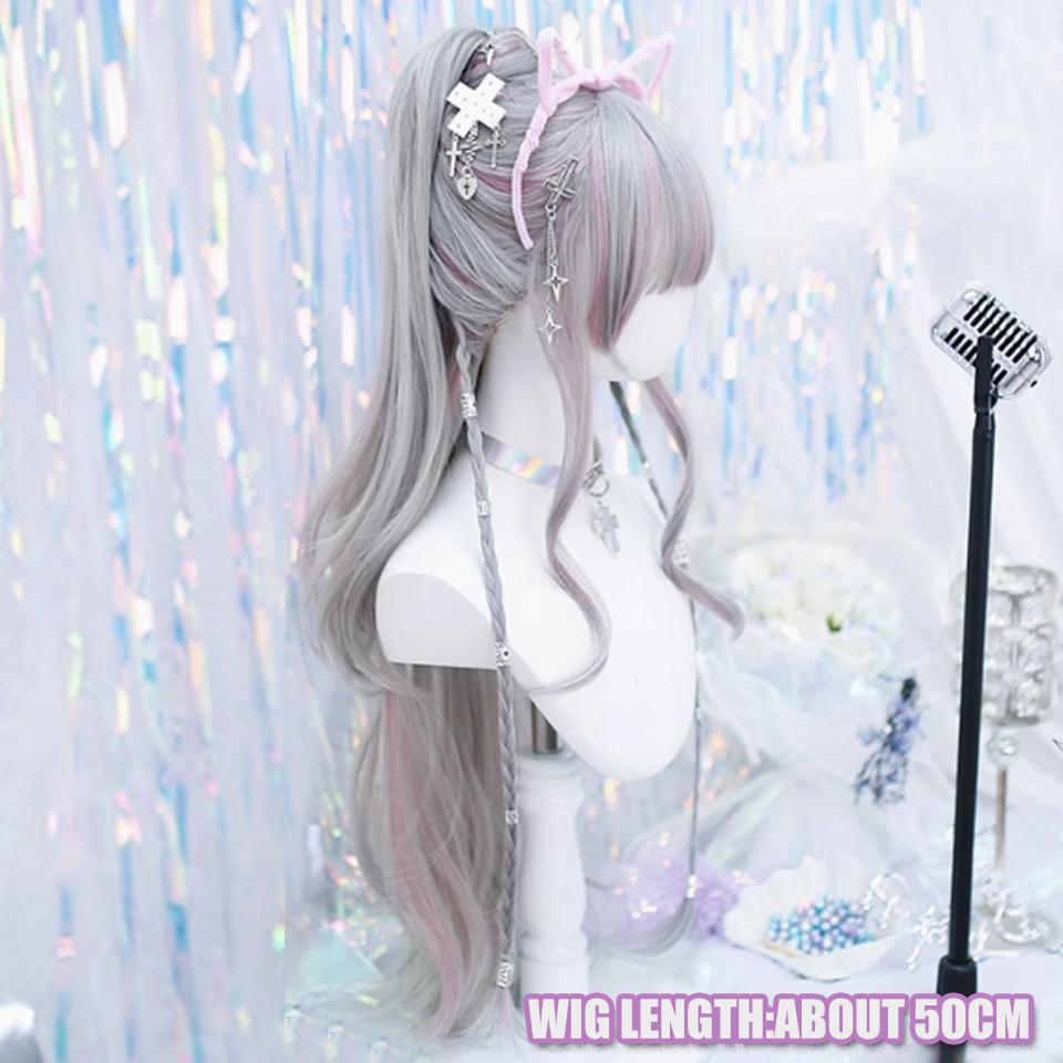 Серые блики розового цвета длинные вьющиеся синтетические парики женские панк-стиль Лолита прямые челки длинные вьющиеся волосы парик для косплея вечеринки