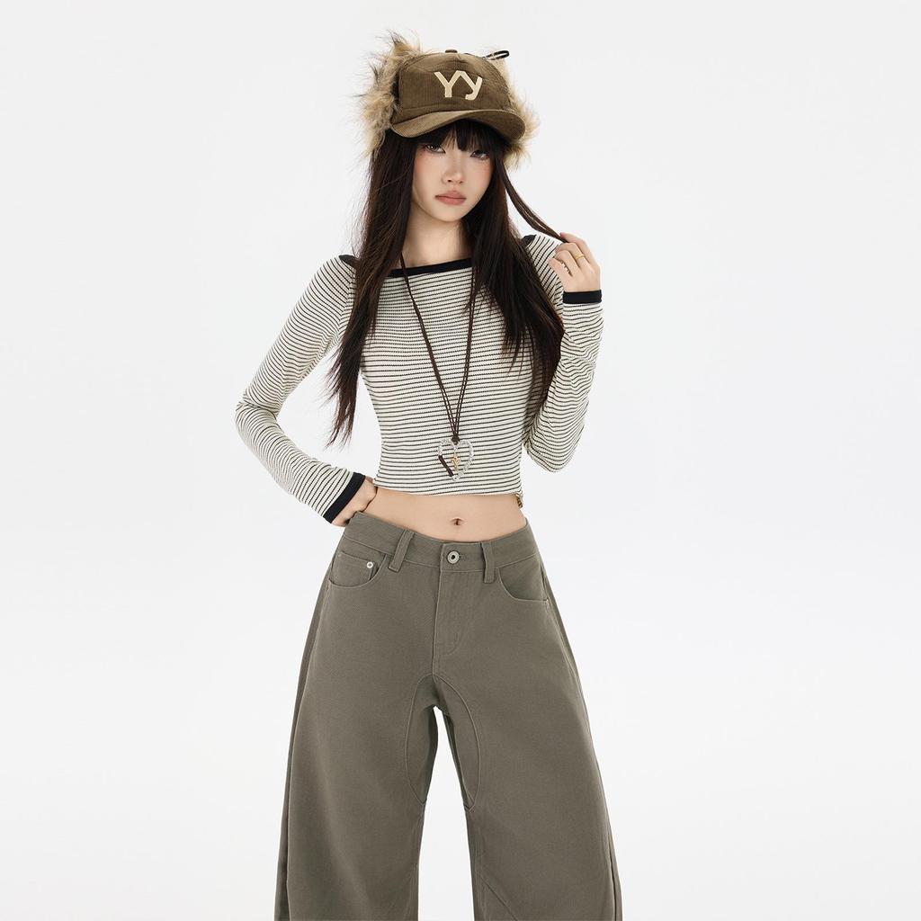 2025 Осень/Зима Американские Ретро Широкие Джинсы в Пол Свободного Кроя, Подчеркивающие Фигуру, с Карманами