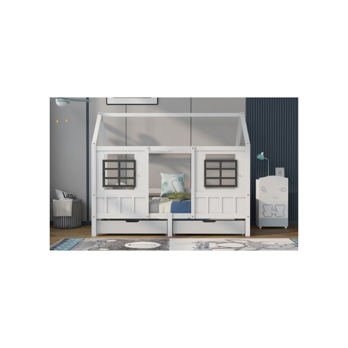 Lit de maison avec 2 tiroirs, lit simple, lit de jour, lit d'enfant avec 2 fenêtres, cadre en pin, MDF, blanc (200x90cm)