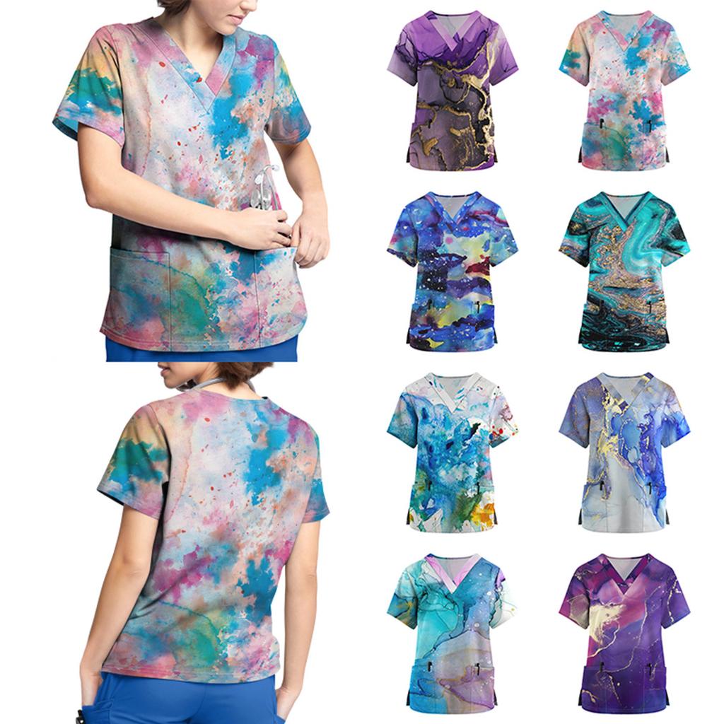 Plus Size Printed Scrub Working Uniform Tops For Women V-Neck Short Sleeve T-Shirts Workwear Tee With Pockets