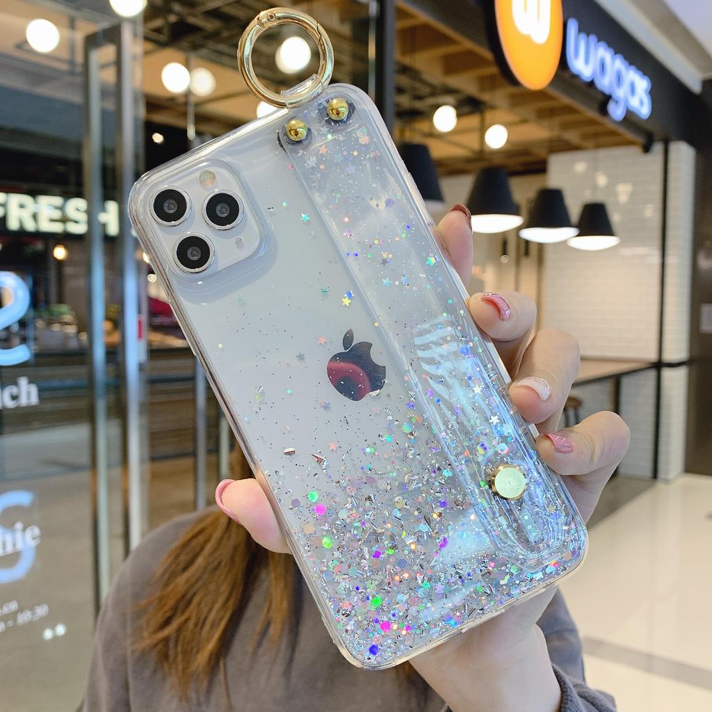 Блестящие Звездные Пайетки Ремешок на Запястье Подставка Чехол Для iPhone 16 15 14 13 12 11 Pro Max Plus Mini XS XR X 87 Прозрачный Силиконовый Чехол