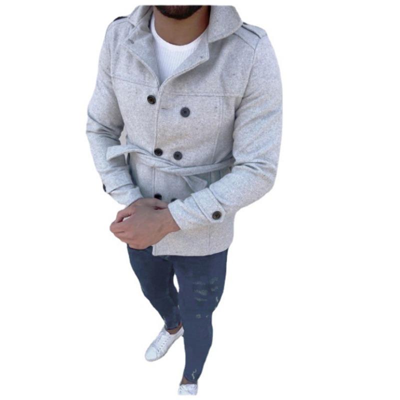 Мужское пальто с поясом, длинный рукав, шерстяное пальто, ветровка, двубортная