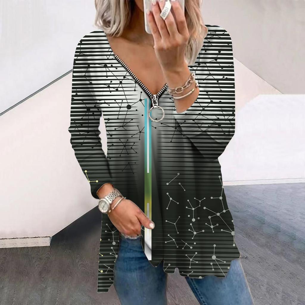 Women Autumn Line Atom Printed Long Sleeve T-Shirts Loose V-Neck Plus Size Tee Shirt Tops Comfy Blouse