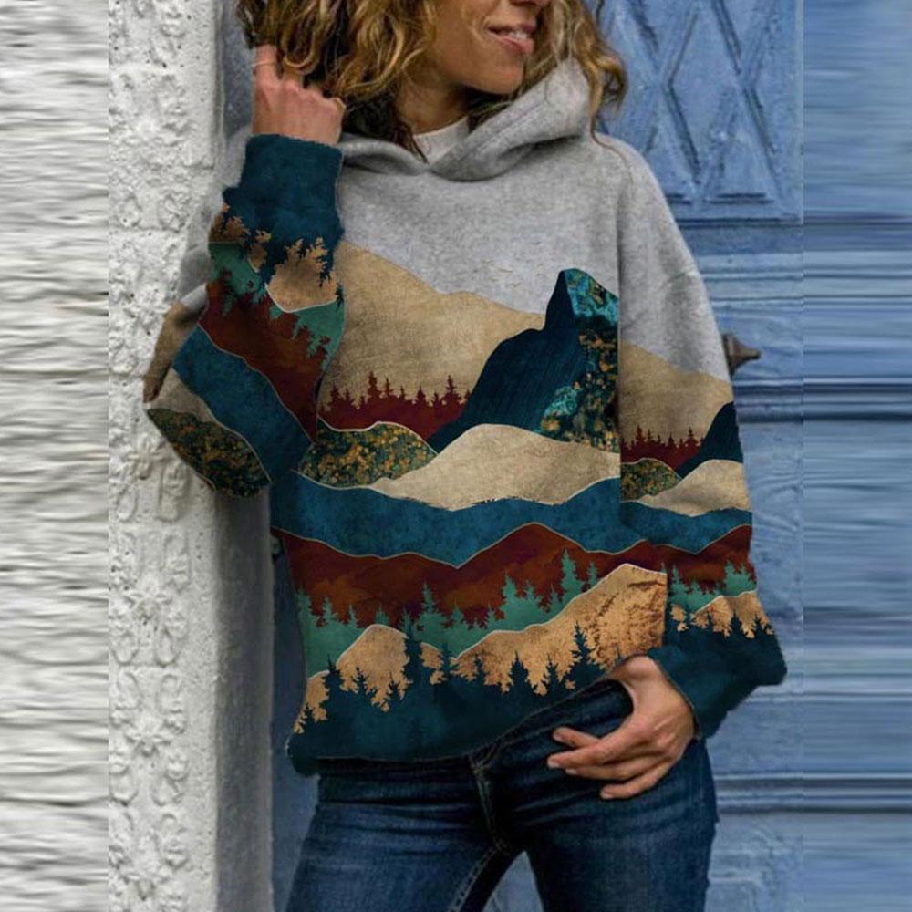 Винтажные толстовки с капюшоном Harajuku для женщин, элегантные свободные толстовки с принтом в горном стиле, весенние повседневные спортивные костюмы, топы, свободный свитер