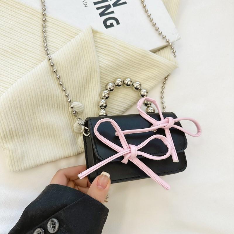 Cute Color-block Kids Shoulder Bag Mini Beaded Child Bag Fashion Bow Children Crossbody Bag Pink