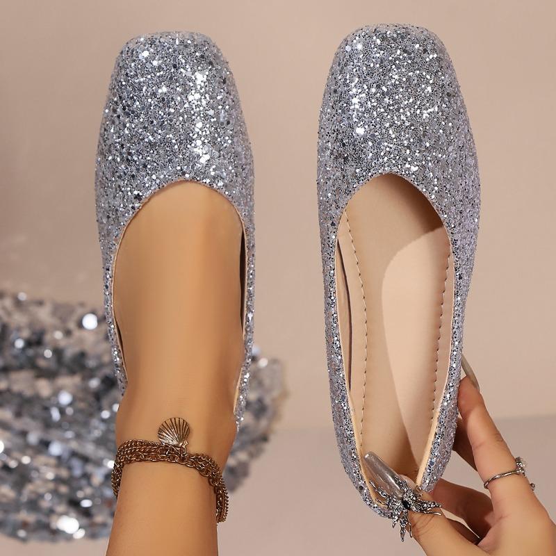 Женская весенне-летняя новая женская обувь с блестками, мерцающая, с мелким вырезом, женские туфли-лодочки, квадратный носок, плоская подошва, блочный каблук, повседневные туфли-лодочки